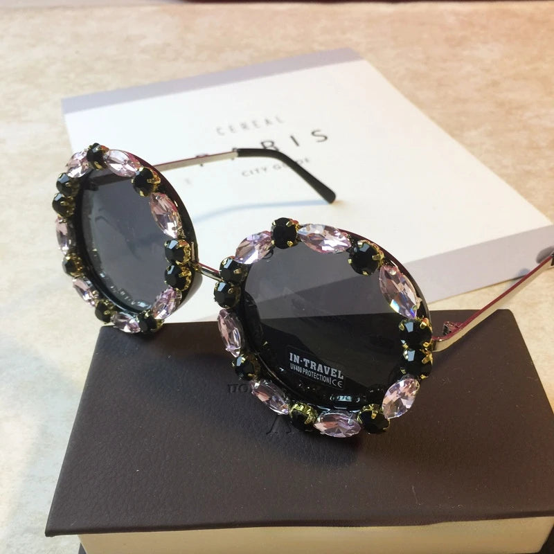 Diamond Crystal Round Sunglasses Women Luxury Brand Designer Glasses Eyeglasses Female Big Frames Shades Eyewear Vintage UV400