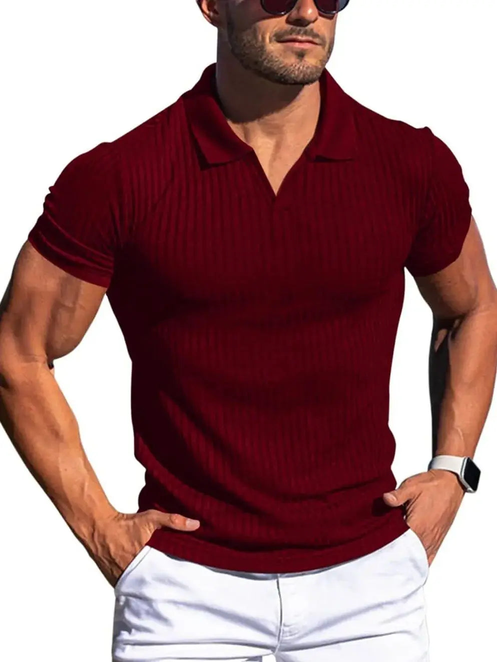 Men's Slim Fit V-Neck Ribbed T-Shirt 2025 Summer Casual Short Sleeve Muscle Fit Tops Streetwear Fashion Bodycon Tees