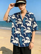 Women's Wave Print Hawaiian Shirt - Summer Casual Oversized Short Sleeve Blouse Loose Fit Beach Shirt for Vacation