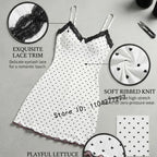 Women's Heart Print Lace Trim Camisole Nightdress,Sleeveless V-Neck Slim Fit Sexy Sleep Dress For Summer Daily Loungewear