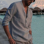 Cotton Linen Hot Sale Men's Long-Sleeved Shirts Summer Solid Color Stand-Up Collar Casual Beach Style Plus Size