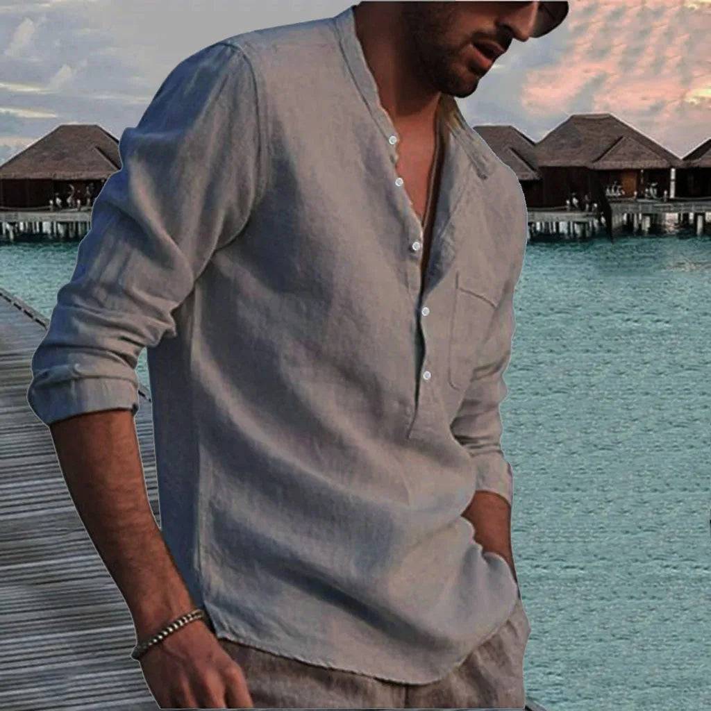 Cotton Linen Hot Sale Men's Long-Sleeved Shirts Summer Solid Color Stand-Up Collar Casual Beach Style Plus Size