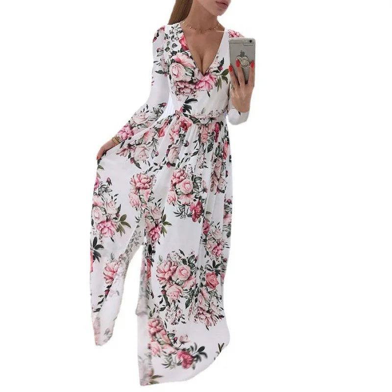 2026 New Women's Summer Long sleeved V-neck Chiffon Printed Bohemian Dress