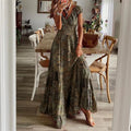 2026 New European and American Bohemian Style Long Dress, Waist-Cinching, Floral Print, Large Hem Dress