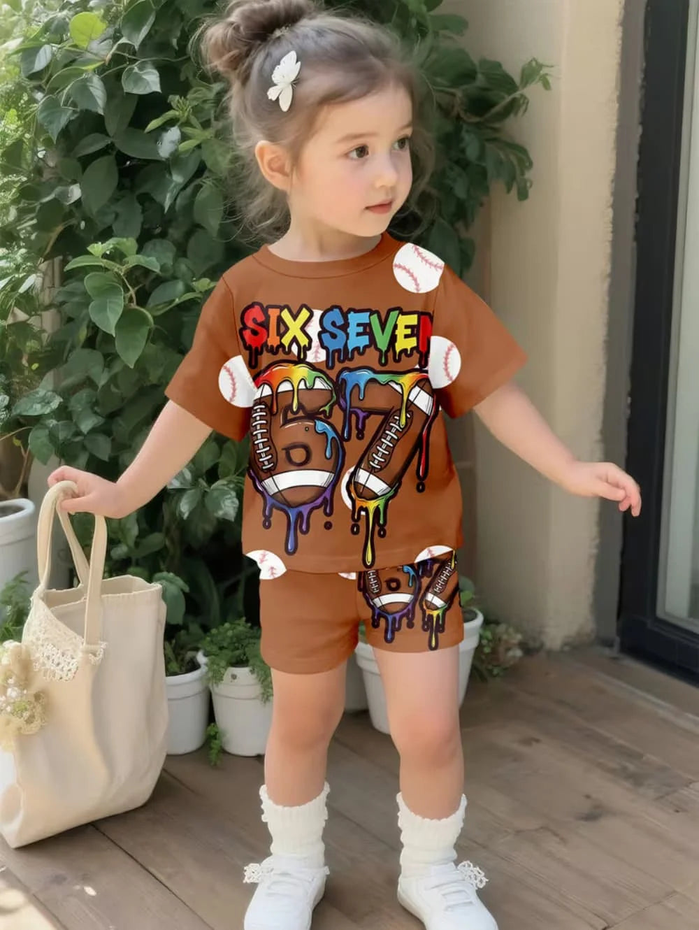 Summer Italian Brainrot 67 Six Seven Cartoon Print Sports Children's Set Short Sleeved Shorts 2PCS Set Girls Casual T-Shirt Set