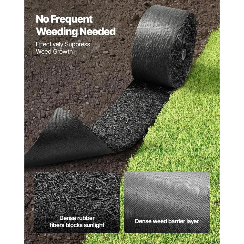Recycled Rubber Mulch Mat Roll, 4 Rolls 120x4.5 in, Weed Barrier with Stakes, Cuttable Garden Edging for Landscaping