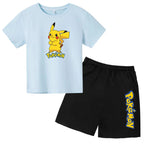 Children's Summer Set Boys and Girls Version Round-neck Cartoon Sports T-shirt - Short-sleeved Short Pants Set Clothing 3-13
