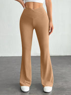 Autumn Nude-Colored High-Waisted Cross V-Shaped Waistband Flared Pants Women's Slim-Fit Yoga Fitness Long Pants with Asymmetrica