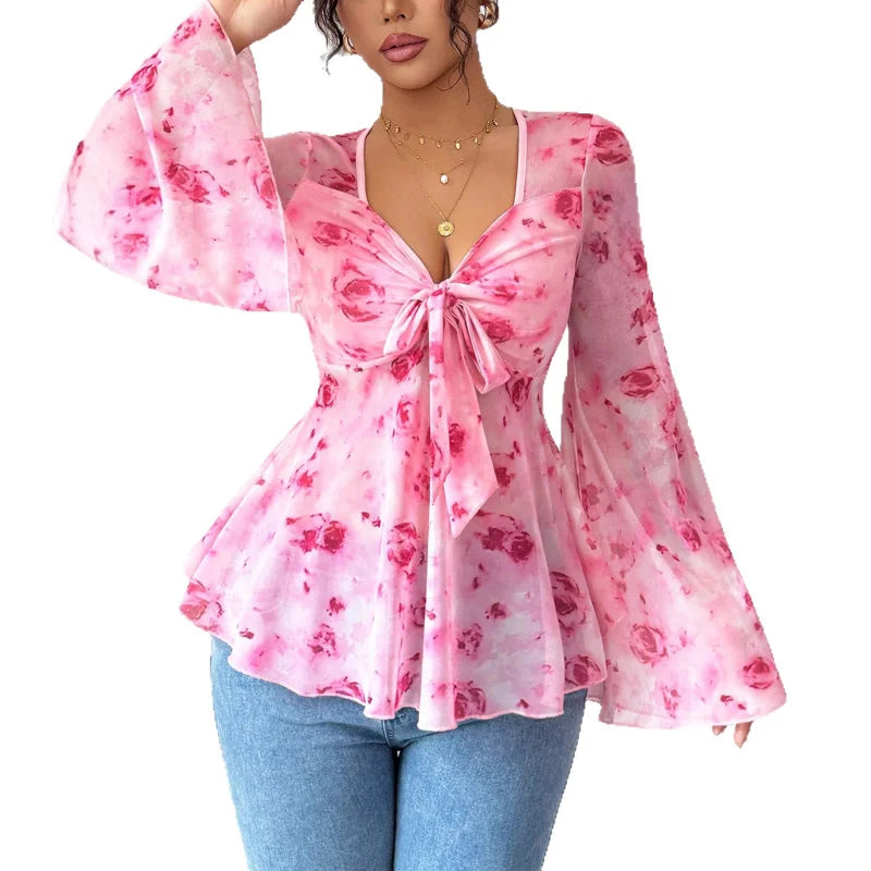 Women's Mesh Red Rose Print V-neck Top Trumpet Sleeves Bow Waist Short Style