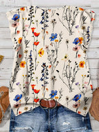 French romantic floral V-neck top with sleeveless fly edge design and colorful floral loose and versatile age reducing shirt for