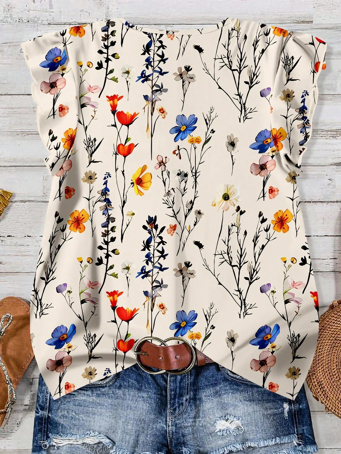 French romantic floral V-neck top with sleeveless fly edge design and colorful floral loose and versatile age reducing shirt for