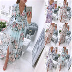 2026 New Women's Summer Long sleeved V-neck Chiffon Printed Bohemian Dress