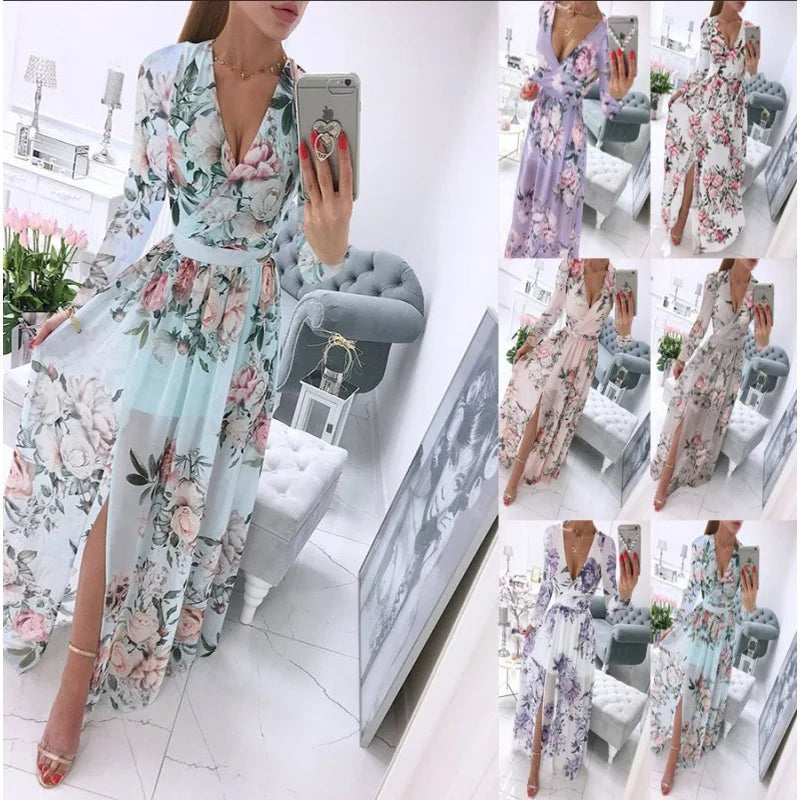 2026 New Women's Summer Long sleeved V-neck Chiffon Printed Bohemian Dress