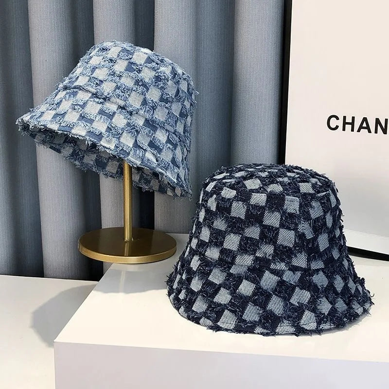Fashion Summer Checked Board Cotton Jeans Bucket Hat Cap For Women Wide Brim Plaid Fisherman Hat Cap Outdoor Sunshade  Gift