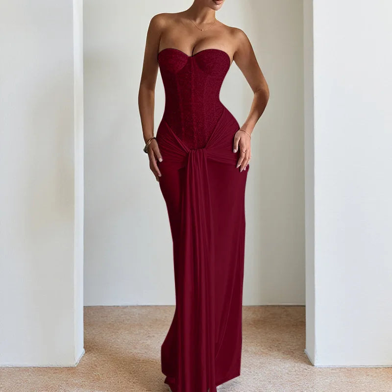 Women Evening Gown with Long Skirt New Style Cinched Waist Slimming Dress Sexy Ribbon-tie Halterneck Elegant Dress For Female