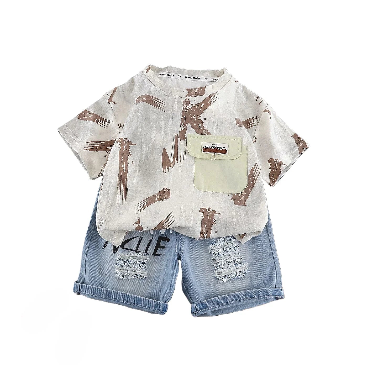 Children Streetwear 2 Piece Outfit boys 1-5 Years Summer Cotton Short Sleeve T-Shirt Denim Shorts Graffiti Print set
