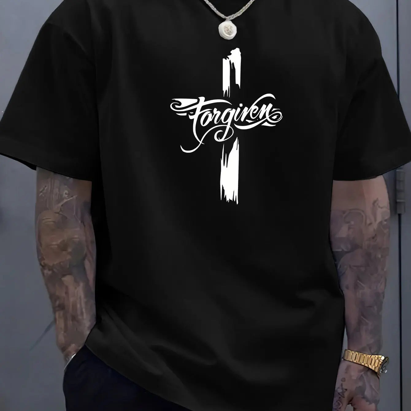 Men's Summer 100 Cotton Fashion Casual Loose Large Forgiveness Letter Creative Printed Round Neck Short Sleeve T-shirt