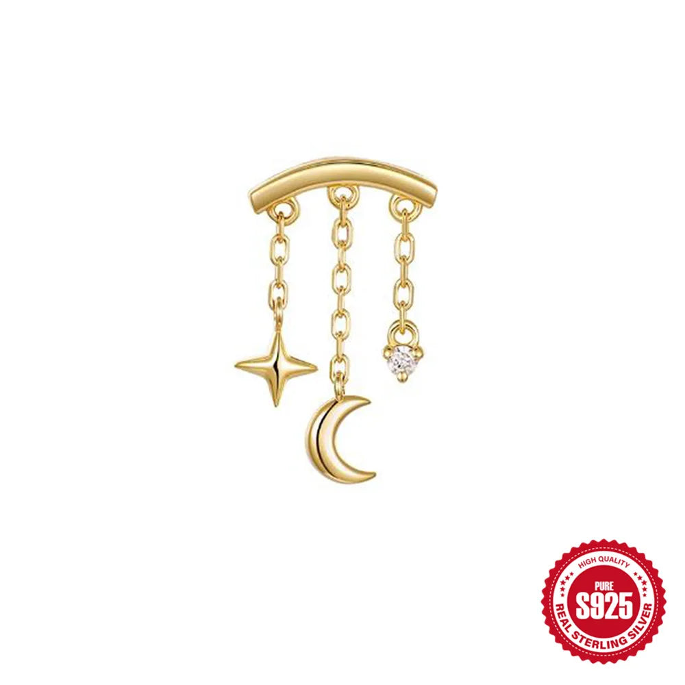 AIDE Star Moon Chain Tassel  925 Sterling Silver Shiny For Woman Piercing Earring Fashion Dainty Luxury Style fine jewelry