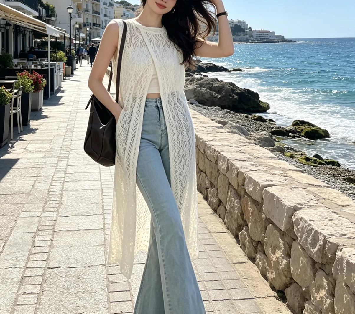 2026Boho Crochet Sleeveless Long Cardigan Women Summer Openwork Knit Vest Loose Maxi Kimono Cover Up Beachwear
