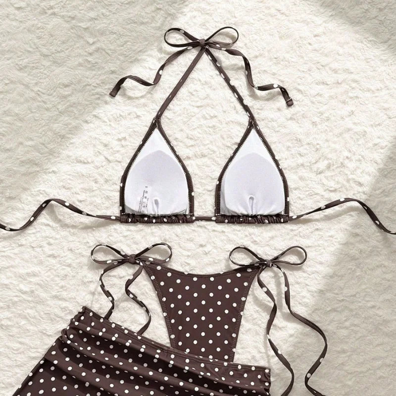 Women's Retro Polka Dot Bikini Three Piece Set Neck Hanging Triangle Cup Top With Suspender Summer Beach Vacation Sexy Swimsuit