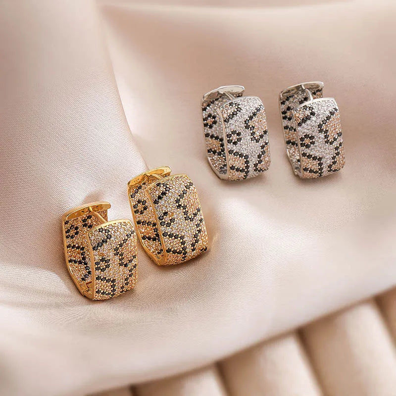 18K Gold Plated Brass Leopard Design Square U-shaped Earrings with AAA Cubic Zirconia Earrings Exaggerated Jewellery 1 Pair