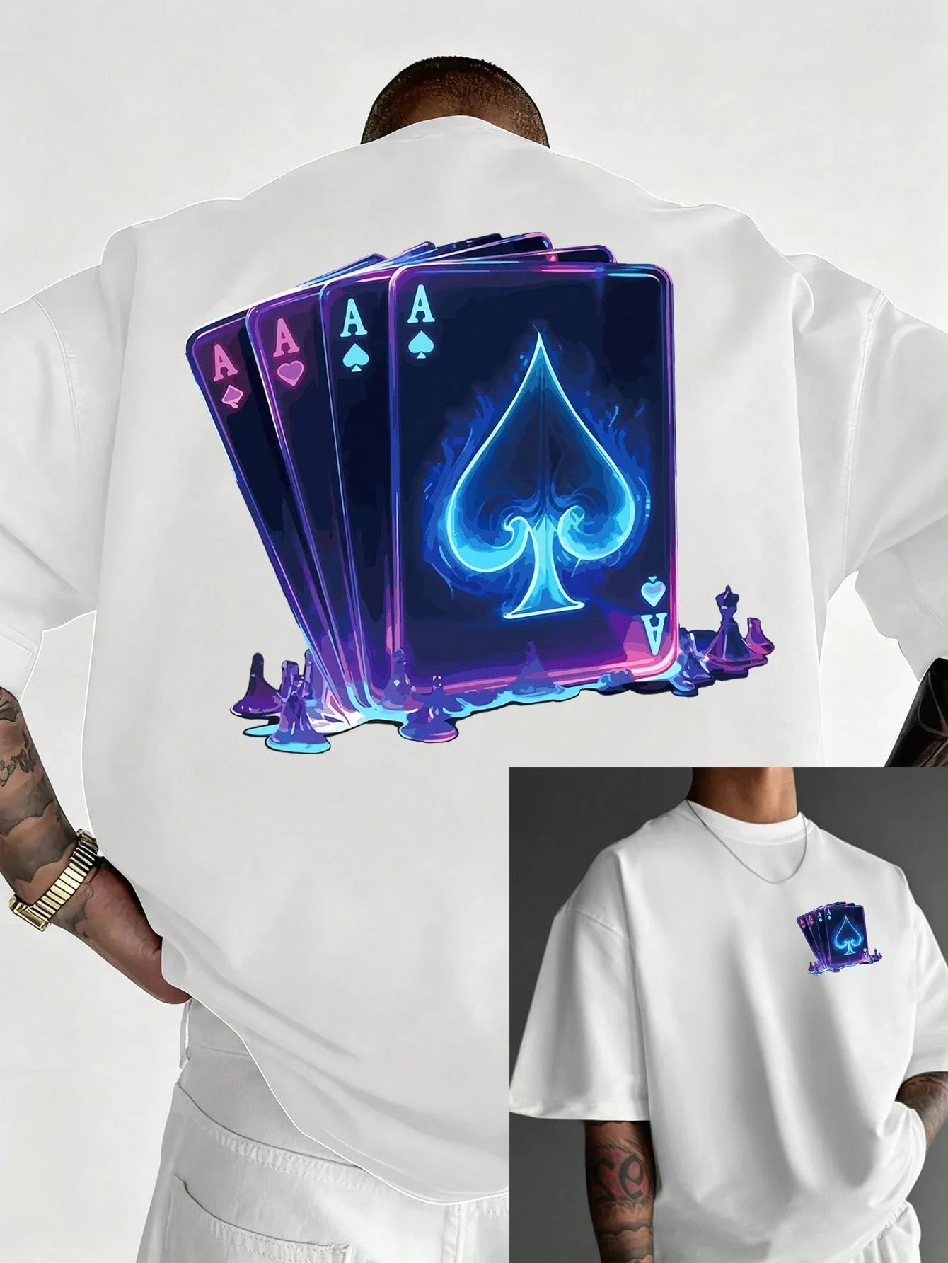Men's summer 100% pure cotton fashionable casual sports loose Cool Playing Card Print round neck short sleeved T-shirt versatile