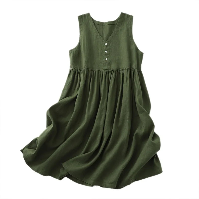 2026 New Women's Cotton Linen Sleeveless Dress Casual V Neck Button Down Loose Midi Dresses for Summer Women's Casual Dresses