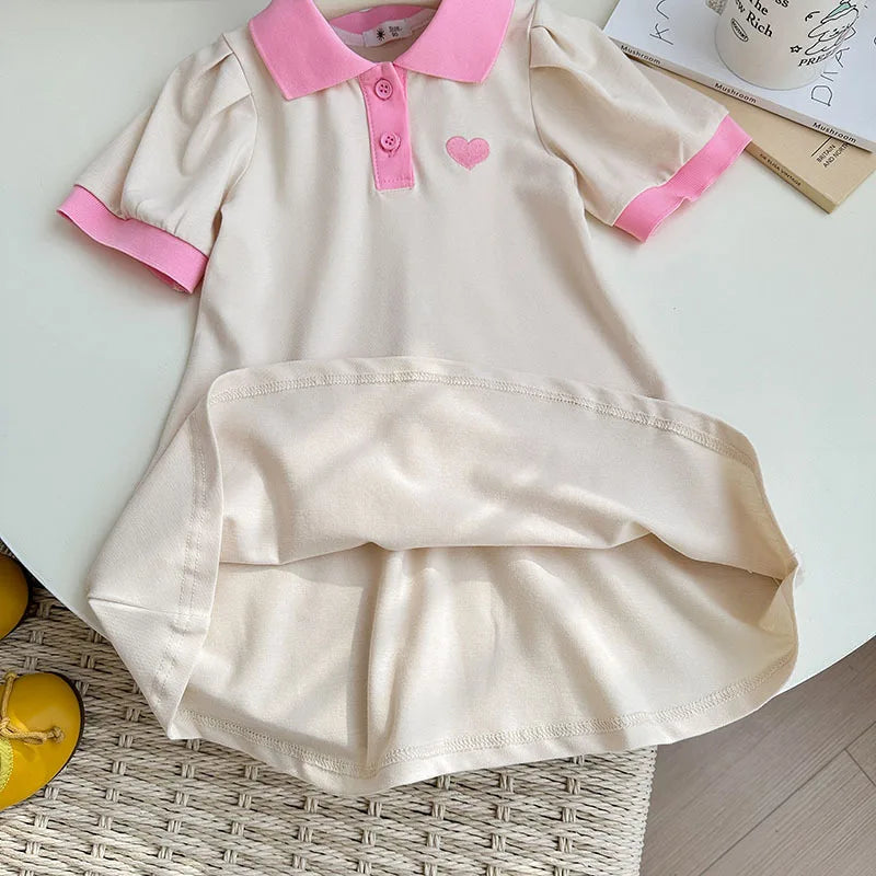 2026 Summer Stylish Girls' Polo Shirt Dresses 1-7Y Trendy Embroidered Heart Lapel Dress for Kid's Children's Clothing Outfit