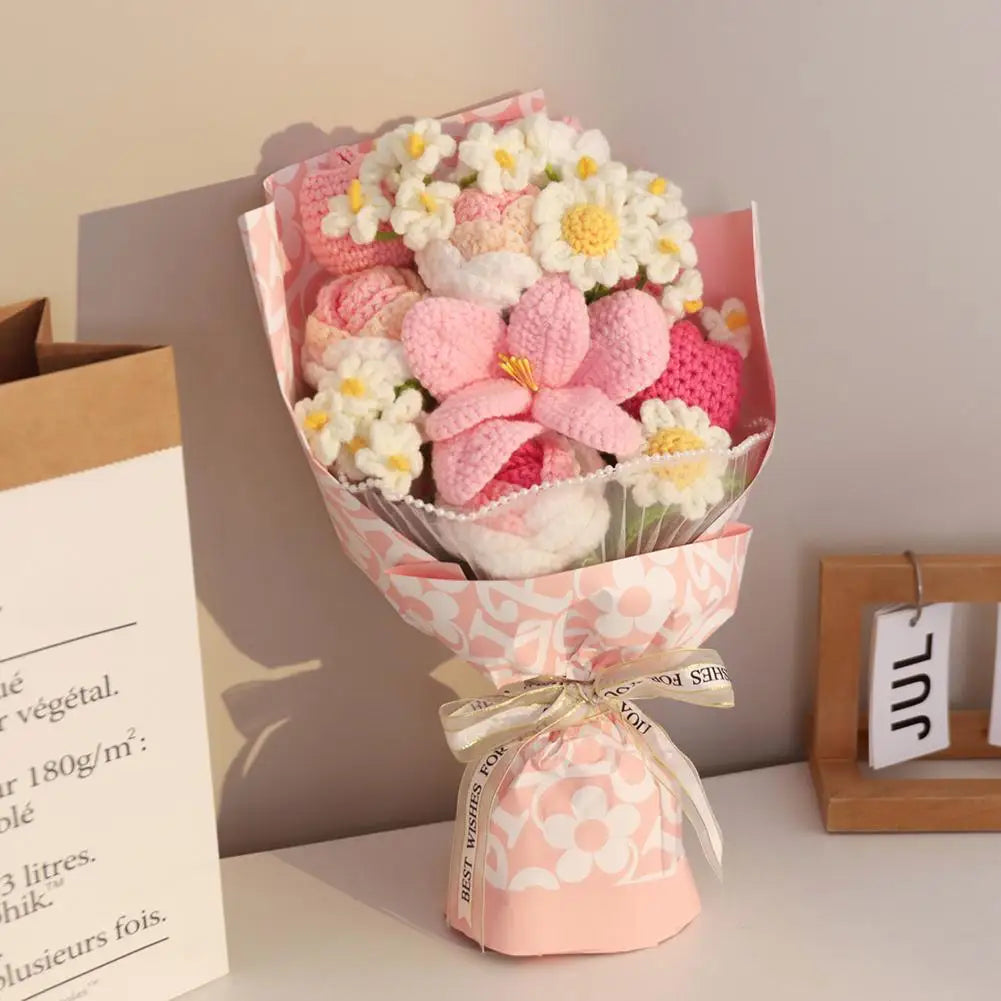 Handmade Crochet Flower Bouquet Knitted Rose Artificial Flowers For Home Decor Valentine's Day Mother's Day Anniversary Gif Y4c5