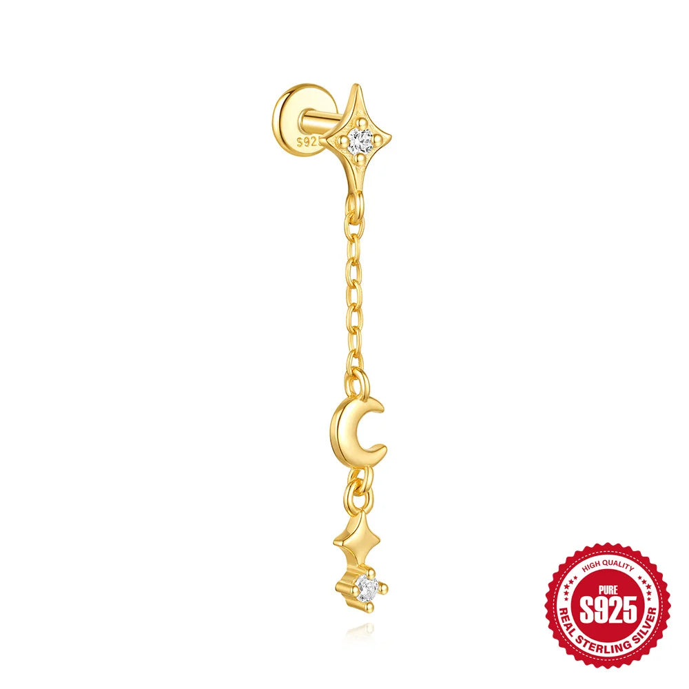 AIDE Star Moon Chain Tassel  925 Sterling Silver Shiny For Woman Piercing Earring Fashion Dainty Luxury Style fine jewelry