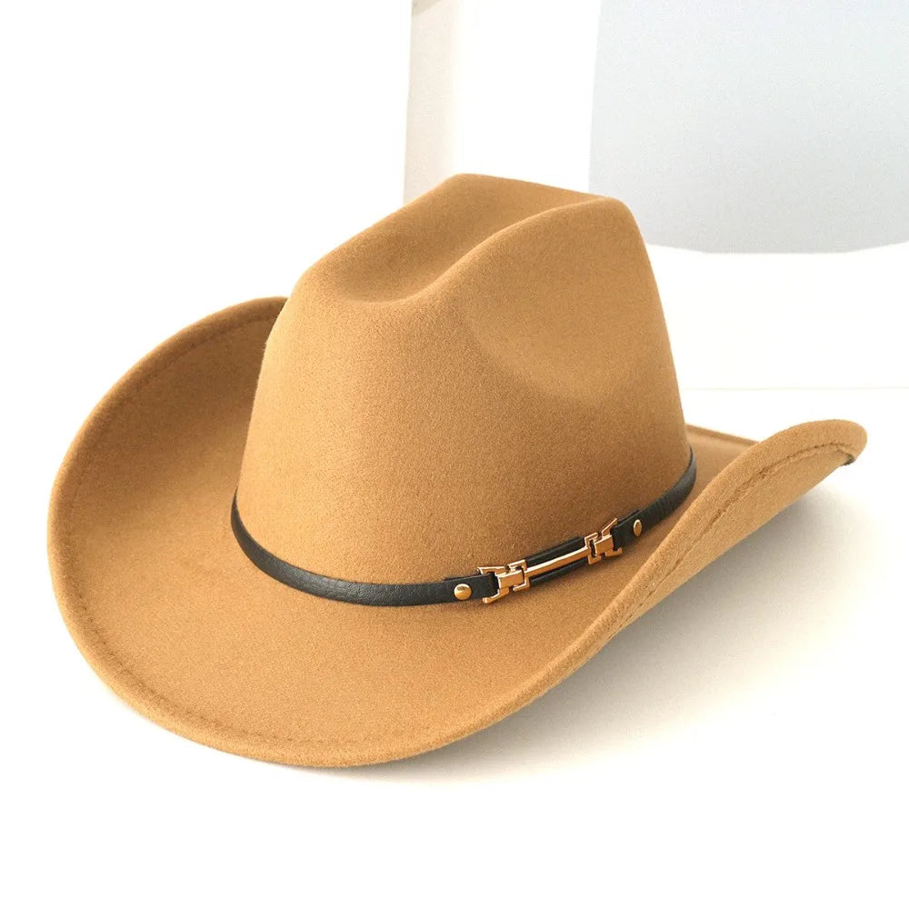 Windproof Cowboy Cap with Large Brims Breathable Western Cowboy Hat Polyester with Decorative Buckle Western Top Hat