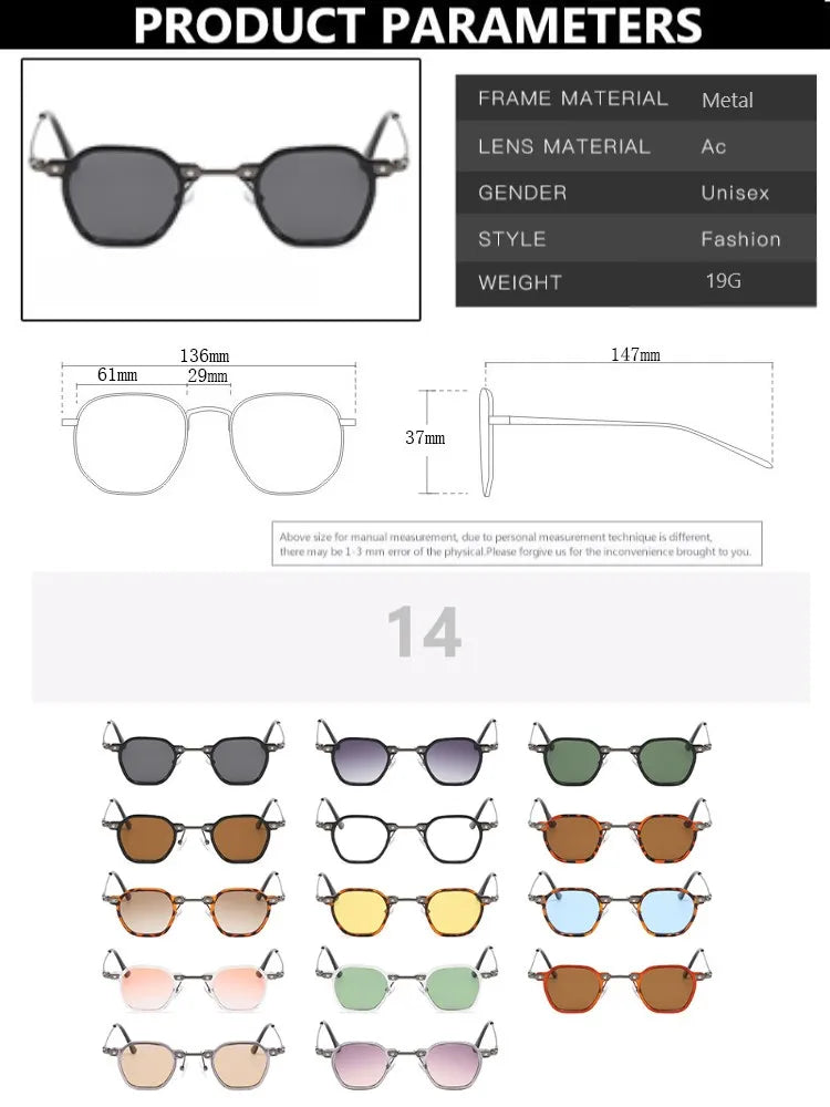 Retro Square Sunglasses Men Small Frame Sun Glasses Women New Fashion Polygonal Metal Eyeglasses Shadow UV400