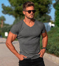 Men's V-Neck Ribbed Slim Fit T-Shirt 2026 Summer Casual Short Sleeve Muscle Fit Tops Streetwear Bodycon Tees