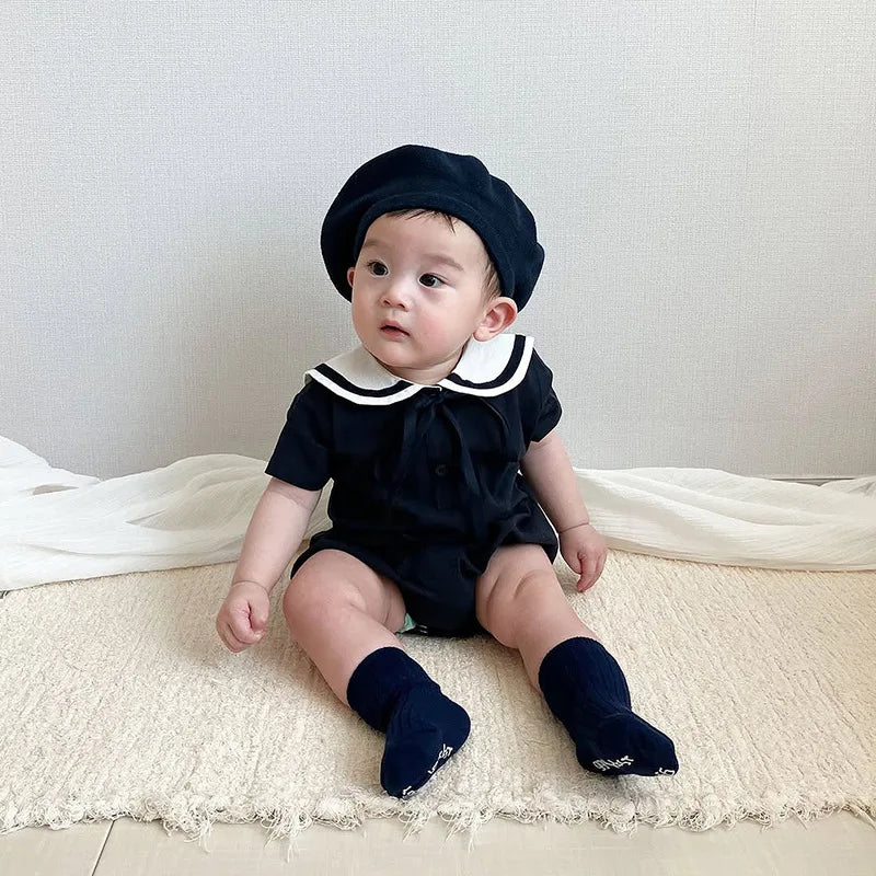 2026 Summer New Baby Short Sleeve Bodysuit Cotton Infant Girl Preppy Style Sailor Collar Jumpsuit Solid Newborn Clothes 0-24M