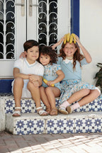 Clearance AS 2024 Summer Blue Shabbos collection sister brother matching clothing 100% cotton floral and knitted kids clothes
