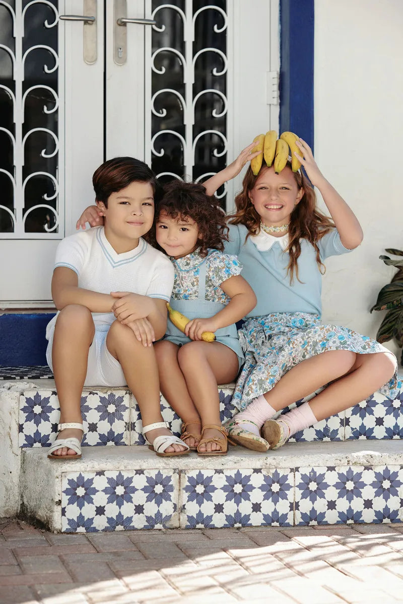 Clearance AS 2024 Summer Blue Shabbos collection sister brother matching clothing 100% cotton floral and knitted kids clothes