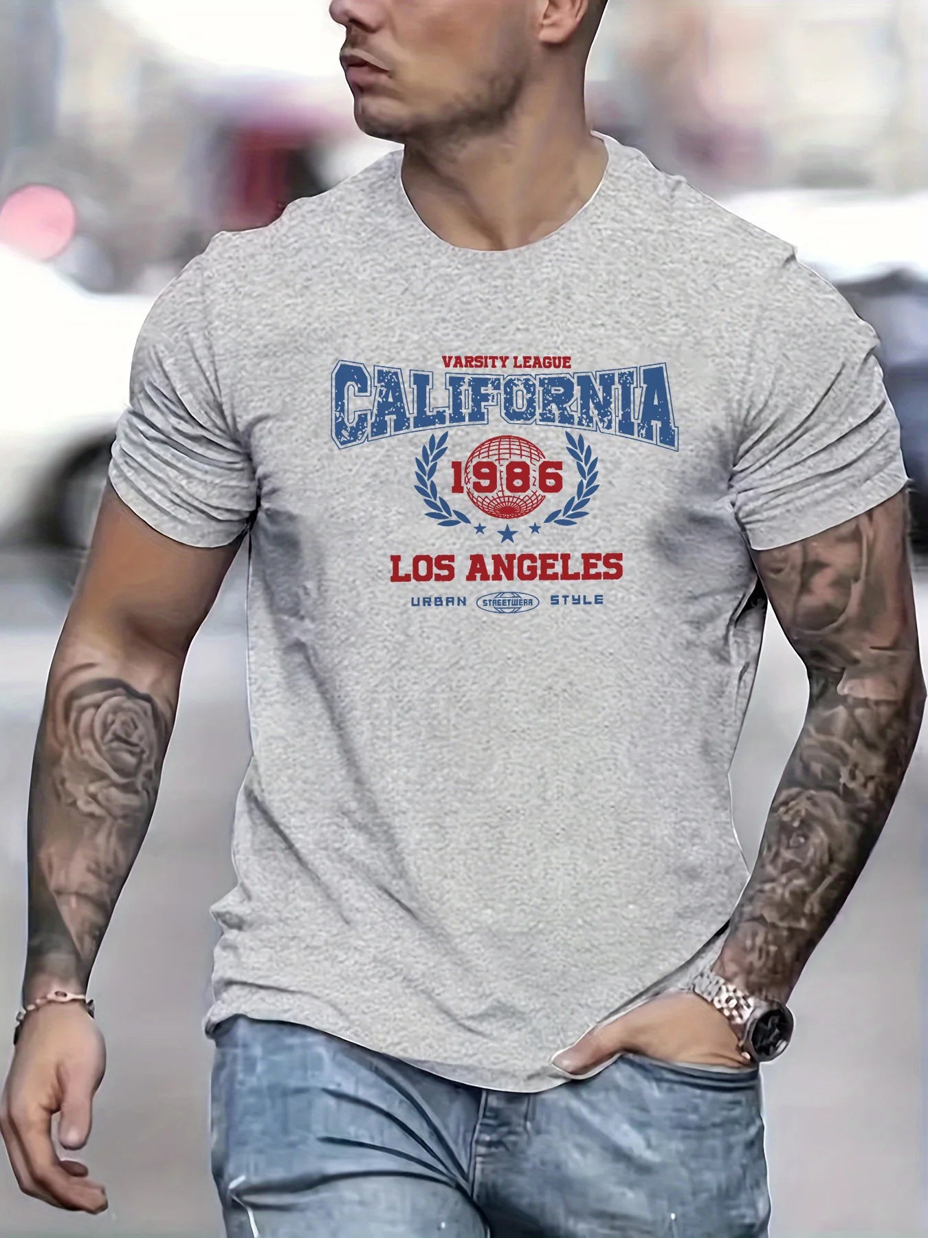 Men's summer 100% pure cotton fashionable casual loose retro California 1985 printed sports round neck short sleeved T-shirt top