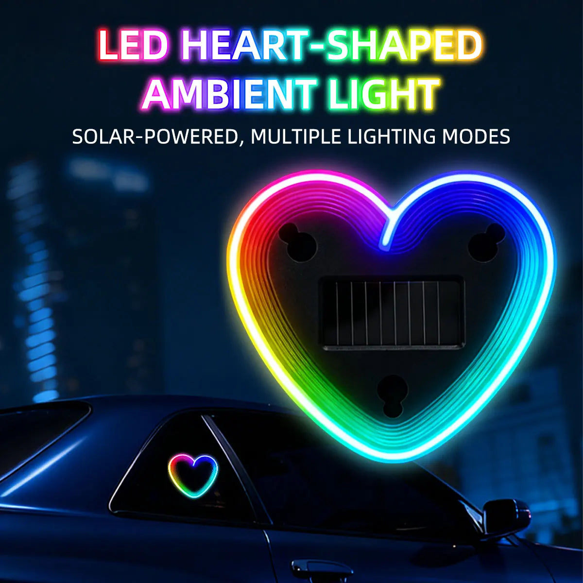 1pc Solar Powered Car Neon Light Striped Heart Lamp Led Ambient Light Wireless Suction Cup USB Rechargeable Led Atmosphere Lamp