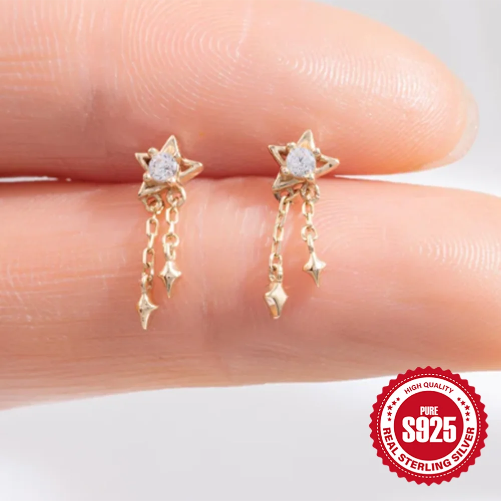 AIDE Star Moon Chain Tassel  925 Sterling Silver Shiny For Woman Piercing Earring Fashion Dainty Luxury Style fine jewelry