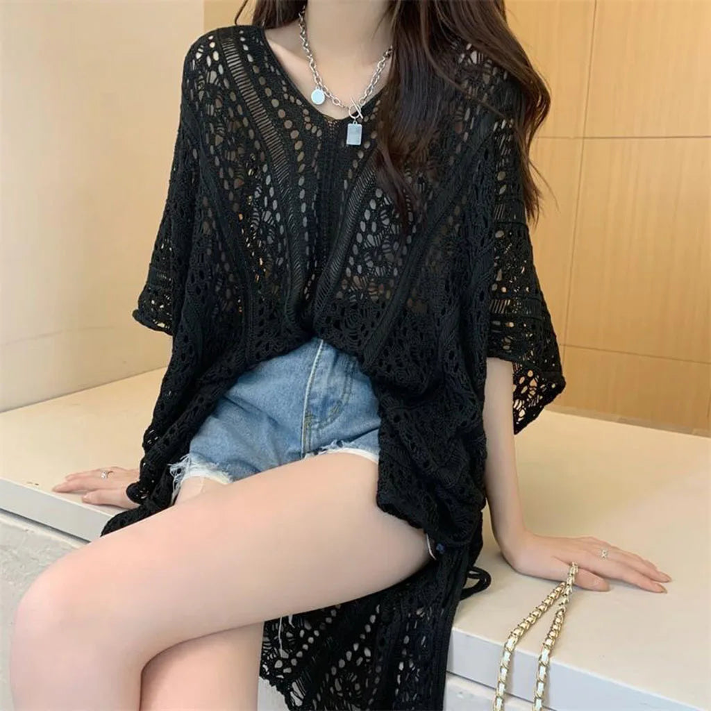 Women's Swimwear Crochet Lace Beach Cover Up Bikini Swimsuits Knitted Cover Up Dress Womens Swimsuit V Neck Side Split Beachwear