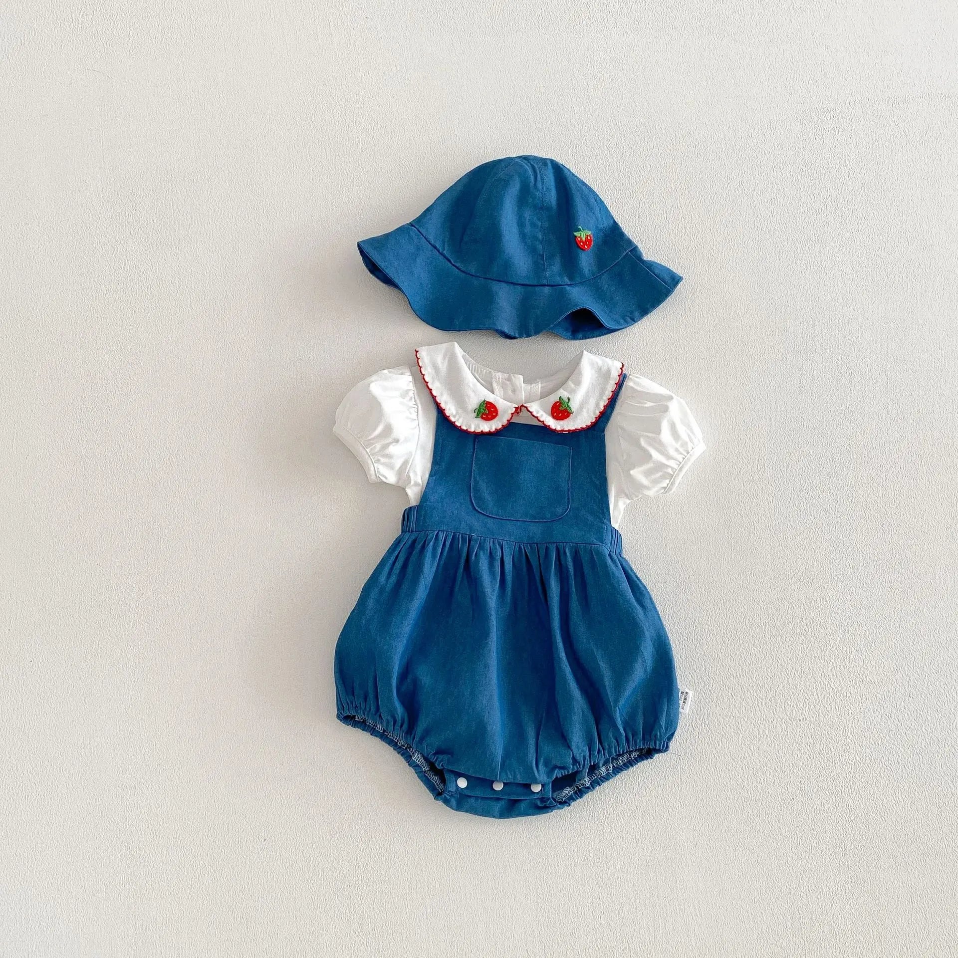 2026 Summer New Baby Girl Overalls + Cute Strawberry Lapel Shirts + Hat 3pcs Suit Fashion Infant Clothes Set Toddler Outfits