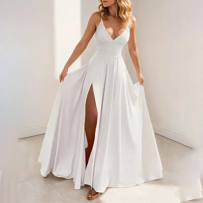 2025 Summer Women's Fashionable Long V-neck Backless Suspender Dress Women's Dress Sleeveless Split Design Elegant Party Dress