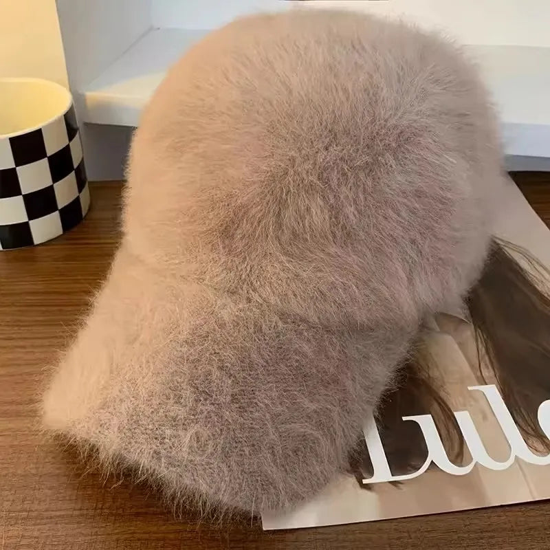 Rabbit Hair Baseball Hat Winter New Solid Color Warm Duck Tongue Hat Women's Autumn and Winter Plush Cold and Sunshade Hat