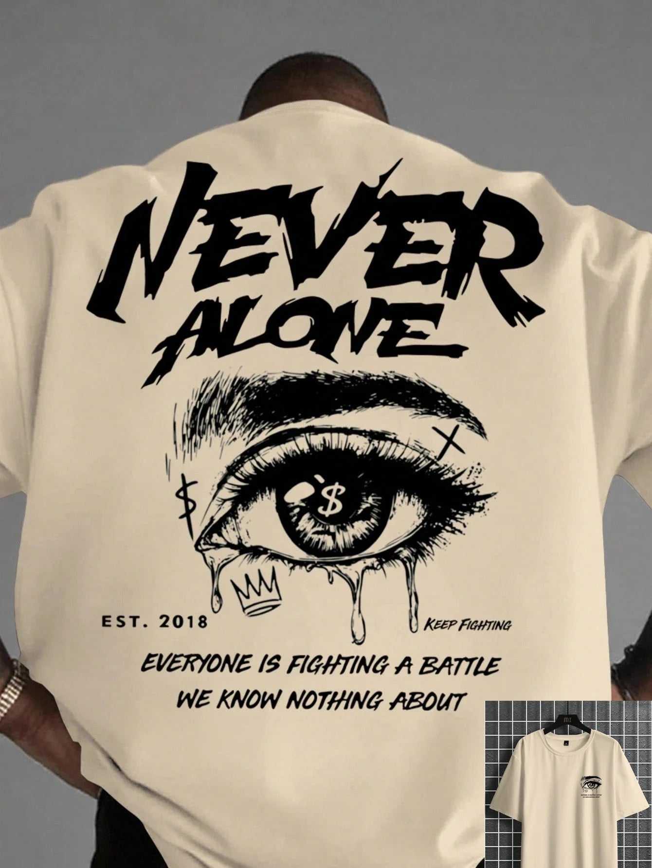 Men's 100% pure cotton fashionable casual loose with Eye Shaped Slogan Print round neck short sleeved T-shirt versatile top