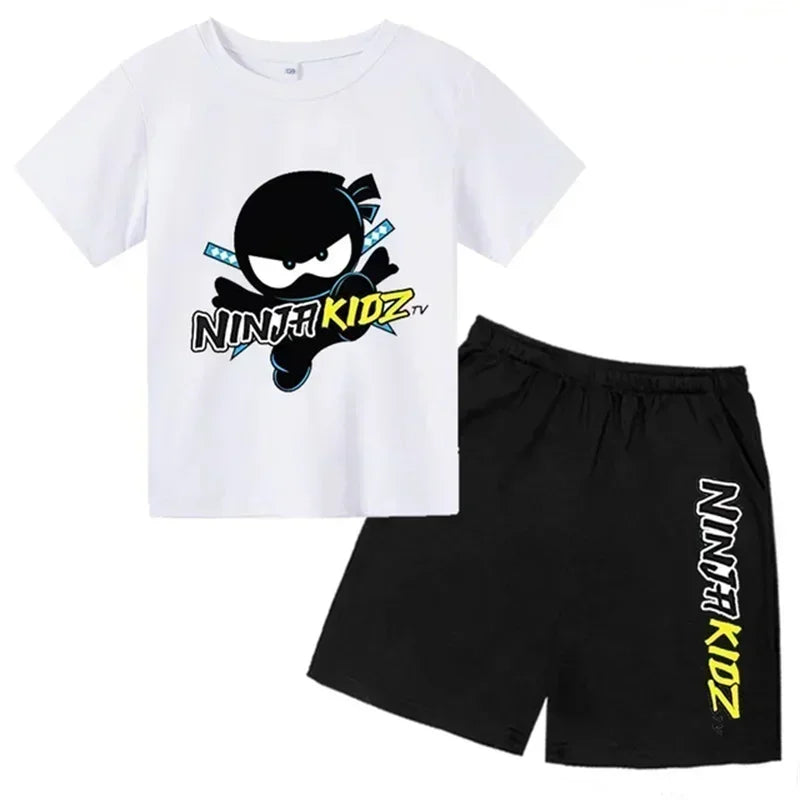 with round neck for boys and girls,Set of t -shirt and short sleeve shorts breathable cotton set with summer ninja print