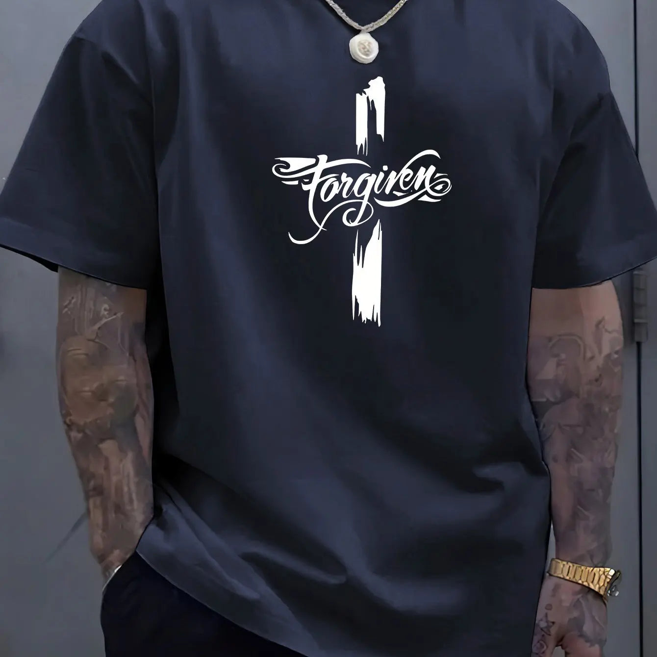 Men's Summer 100 Cotton Fashion Casual Loose Large Forgiveness Letter Creative Printed Round Neck Short Sleeve T-shirt