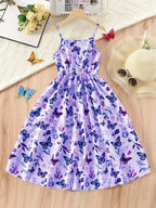 2026 casual and elegant girls' elegant butterfly print sleeveless dress - V-neck, long, perfect choice for summer