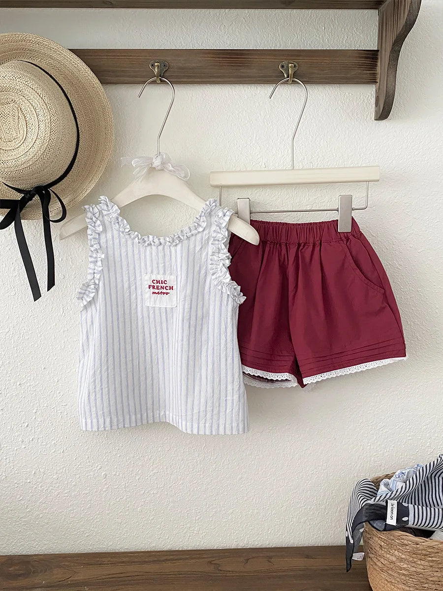 2026 Summer New Girls Sleeveless T Shirts Baby Girl Cute Lace Vest Cotton Striped Toddler Thin Breathable Tops Kids Clothes
