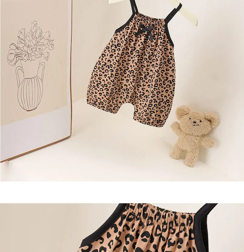 Summer Baby Girls Leopard Print Jumpsuit Infant Sleeveless Suspender One Pieces Bow Decor 0-3Y Toddler Romper Clothes
