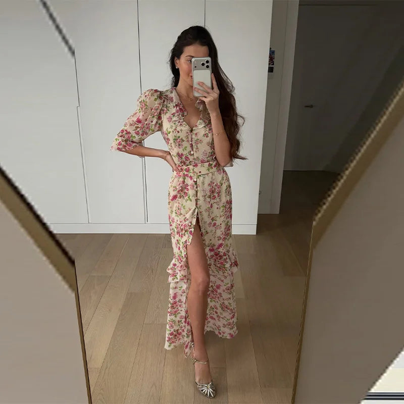 Floral Printed Chiffon V-neck Maxi Dress Ruffle Trim Puff Short Sleeve Waist Belted Slit Robe 2026 Lady Elegant Party Vestidos